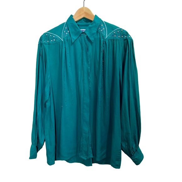 Vintage 1990s Women's Wrangler Western Collared Beaded Button Up Teal Blouse XL - Picture 1 of 13